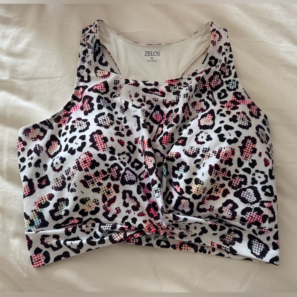 ZELOS White Leopard Print Longline Sports Bra with Seamless Knot Tie Accent